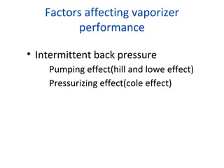 Factors affecting vaporizer
performance
• Intermittent back pressure
Pumping effect(hill and lowe effect)
Pressurizing effect(cole effect)
 