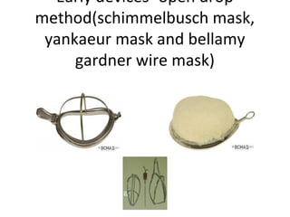 Early devices- open drop
method(schimmelbusch mask,
yankaeur mask and bellamy
gardner wire mask)
 