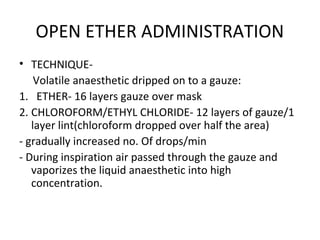 OPEN ETHER ADMINISTRATION
• TECHNIQUE-
Volatile anaesthetic dripped on to a gauze:
1. ETHER- 16 layers gauze over mask
2. CHLOROFORM/ETHYL CHLORIDE- 12 layers of gauze/1
layer lint(chloroform dropped over half the area)
- gradually increased no. Of drops/min
- During inspiration air passed through the gauze and
vaporizes the liquid anaesthetic into high
concentration.
 