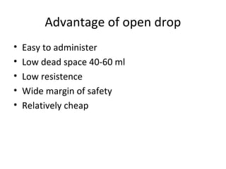 Advantage of open drop
• Easy to administer
• Low dead space 40-60 ml
• Low resistence
• Wide margin of safety
• Relatively cheap
 
