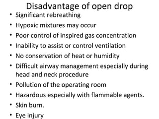 Disadvantage of open drop
• Significant rebreathing
• Hypoxic mixtures may occur
• Poor control of inspired gas concentration
• Inability to assist or control ventilation
• No conservation of heat or humidity
• Difficult airway management especially during
head and neck procedure
• Pollution of the operating room
• Hazardous especially with flammable agents.
• Skin burn.
• Eye injury
 