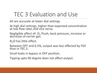TEC 3 Evaluation and Use
All are accurate at lower dial settings.
At high dial settings, higher than expected concentration
at low flow rates and vice versa.
Negligible effect of- O2 Flush, back pressure, increase or
decrease of carrier gas.
N2O has little effect.
Between OFF and 0.5%, output was less effected by FGF
than in TEC 2.
Small leaks in bypass in OFF position.
Tipping upto 90 degree does not affect output.
 
