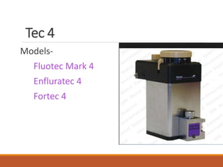 Tec 4
Models-
Fluotec Mark 4
Enfluratec 4
Fortec 4
 