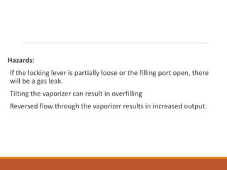 Hazards:
If the locking lever is partially loose or the filling port open, there
will be a gas leak.
Tilting the vaporizer can result in overfilling
Reversed flow through the vaporizer results in increased output.
 