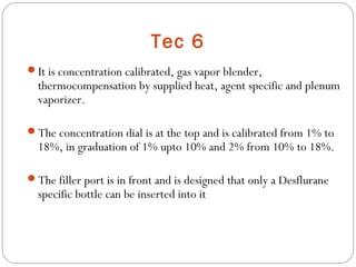 Tec 6
It is concentration calibrated, gas vapor blender,

thermocompensation by supplied heat, agent specific and plenum
vaporizer.

The concentration dial is at the top and is calibrated from 1% to

18%, in graduation of 1% upto 10% and 2% from 10% to 18%.

The filler port is in front and is designed that only a Desflurane

specific bottle can be inserted into it

 