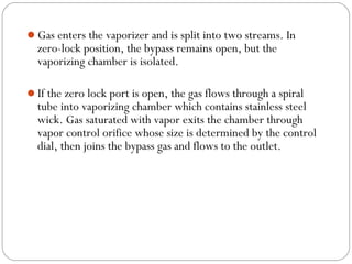 Gas enters the vaporizer and is split into two streams. In

zero-lock position, the bypass remains open, but the
vaporizing chamber is isolated.

If the zero lock port is open, the gas flows through a spiral

tube into vaporizing chamber which contains stainless steel
wick. Gas saturated with vapor exits the chamber through
vapor control orifice whose size is determined by the control
dial, then joins the bypass gas and flows to the outlet.

 