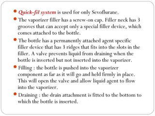Quick-fil system is used for only Sevoflurane.
The vaporizer filler has a screw-on cap. Filler neck has 3

grooves that can accept only a special filler device, which
comes attached to the bottle.
The bottle has a permanently attached agent specific
filler device that has 3 ridges that fits into the slots in the
filler. A valve prevents liquid from draining when the
bottle is inverted but not inserted into the vaporizer.
Filling : the bottle is pushed into the vaporizer
component as far as it will go and held firmly in place.
This will open the valve and allow liquid agent to flow
into the vaporizer.
Draining : the drain attachment is fitted to the bottom to
which the bottle is inserted.

 
