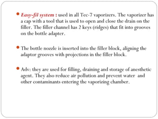 Easy-fil system : used in all Tec-7 vaporizers. The vaporizer has

a cap with a tool that is used to open and close the drain on the
filler. The filler channel has 2 keys (ridges) that fit into grooves
on the bottle adapter.

The bottle nozzle is inserted into the filler block, aligning the

adaptor grooves with projections in the filler block.

Adv: they are used for filling, draining and storage of anesthetic

agent. They also reduce air pollution and prevent water and
other contaminants entering the vaporizing chamber.

 