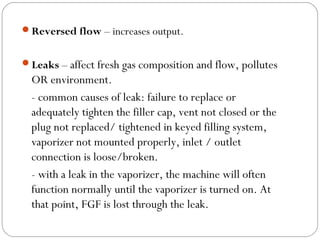 Reversed flow – increases output.
Leaks – affect fresh gas composition and flow, pollutes

OR environment.
- common causes of leak: failure to replace or
adequately tighten the filler cap, vent not closed or the
plug not replaced/ tightened in keyed filling system,
vaporizer not mounted properly, inlet / outlet
connection is loose/broken.
- with a leak in the vaporizer, the machine will often
function normally until the vaporizer is turned on. At
that point, FGF is lost through the leak.

 