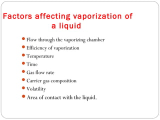 Factors affecting vaporization of
a liquid
Flow through the vaporizing chamber
Efficiency of vaporization
Temperature
Time
Gas flow rate
Carrier gas composition
Volatility

Area of contact with the liquid.

 