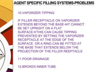 AGENT SPECIFIC FILLING SYSTEMS-PROBLEMS10.VAPORIZER TIPPINGIF FILLER RECEPTACLE ON VAPORIZER EXTENDS BEYOND THE BASEIT CANNOT BE SET UPRIGHT ON A FLAT SURFACETHIS CAN CAUSE TIPPING PREVENTED BY SETTING THE VAPORIZER RECEPTACLE AT THE EDGE OF THE SURFACE  OR A RING CAN BE FITTED AT THE BASE THAT EXTENDS BELOW THE PROJECTION OF THE FILLER REEPTACLE.11.POOR DRAINAGE12.BROKEN INNER TUBE