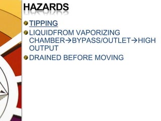 HAZARDSTIPPINGLIQUIDFROM VAPORIZING CHAMBERBYPASS/OUTLETHIGH OUTPUTDRAINED BEFORE MOVING