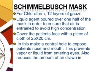 SCHIMMELBUSCH MASKFor Chloroform, 12 layers of gauzeLiquid agent poured over one half of the mask in order to ensure that air is entrained to avoid high concentration Cover the patients face with a piece of cloth of 25X20 cm. In this make a central hole to expose patients nose and mouth. This prevents vapor or liquid from entering eyes. Also reduces the amount of air drawn in