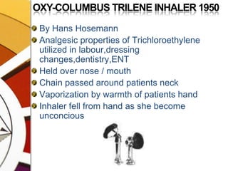 OXY-COLUMBUS TRILENE INHALER 1950By Hans HosemannAnalgesic properties of Trichloroethylene utilized in labour,dressingchanges,dentistry,ENTHeld over nose / mouthChain passed around patients neckVaporization by warmth of patients handInhaler fell from hand as she become unconcious