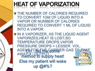 HEAT OF VAPORIZATIONTHE NUMBER OF CALORIES REQUIRED TO CONVERT 1GM OF LIQUID INTO A VAPOR OR NUMBER OF CALORIES REQUIRED TO CONVERT 1 ML OF LIQUID INTO A VAPORIN A VAPORIZER, AS THE LIQUID AGENT VAPORIZES,HEAT IS LOST;SO TEMPERATURE DROPS,VAPOR PRESSURE DROPS = LESSER  VOL. AGENT FOR THE CARRIER GAS TO TAKE AWAY↓OUTPUTOh…tell me some method to supply heat! Else my patient will wake up @#%?