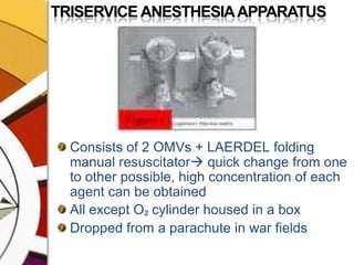 TRISERVICE ANESTHESIA APPARATUSConsists of 2 OMVs + LAERDEL folding manual resuscitator quick change from one to other possible, high concentration of each agent can be obtainedAll except O₂ cylinder housed in a boxDropped from a parachute in war fields