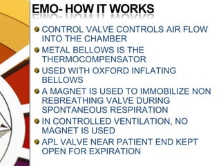 EMO- HOW IT WORKSCONTROL VALVE CONTROLS AIR FLOW INTO THE CHAMBERMETAL BELLOWS IS THE THERMOCOMPENSATORUSED WITH OXFORD INFLATING BELLOWSA MAGNET IS USED TO IMMOBILIZE NON REBREATHING VALVE DURING SPONTANEOUS RESPIRATIONIN CONTROLLED VENTILATION, NO MAGNET IS USEDAPL VALVE NEAR PATIENT END KEPT OPEN FOR EXPIRATION