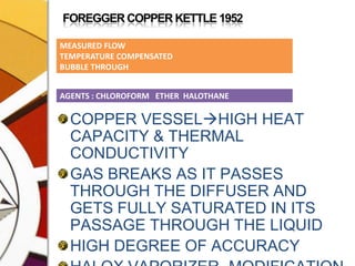 FOREGGER COPPER KETTLE 1952COPPER VESSELHIGH HEAT CAPACITY & THERMAL CONDUCTIVITYGAS BREAKS AS IT PASSES THROUGH THE DIFFUSER AND GETS FULLY SATURATED IN ITS PASSAGE THROUGH THE LIQUIDHIGH DEGREE OF ACCURACYHALOX VAPORIZER- MODIFICATION