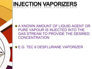 INJECTION VAPORIZERSA KNOWN AMOUNT OF LIQUID AGENT OR PURE VAPOUR IS INJECTED INTO THE GAS STREAM TO PROVIDE THE DESIRED CONCENTRATIONE.G. TEC 6 DESFLURANE VAPORIZER