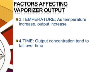 FACTORS AFFECTING VAPORIZER OUTPUT3.TEMPERATURE: As temperature increase, output increase4.TIME: Output concentration tend to fall over time