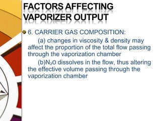 FACTORS AFFECTING VAPORIZER OUTPUT6. CARRIER GAS COMPOSITION: 		(a) changes in viscosity & density may affect the proportion of the total flow passing through the vaporization chamber	 	(b)N₂O dissolves in the flow, thus altering the effective volume passing through the vaporization chamber