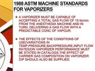 1988 ASTM MACHINE STANDARDS FOR VAPORIZERSA VAPORIZER MUST BE CAPABLE OF ACCEPTING A TOTAL GAS FLOW OF 15 lts/min FROM THE ANESTHESIA MACHINE AND IN TURN, DELIVERING A GAS FLOW WITH A  PREDICTABLE CONC OF VAPOUR.THE EFFECTS OF THE CONDITIONS OF USE(VARIATIONS IN TEMP,PRESSURE,BACKPRESSURE,INPUT FLOW RATES)ON VAPORIZER PERFORMANCE MUST BE STATED IN CATALOGS.THE EFFECT OF CARRIER GAS COMPOSITION ON VAPORIZER O/P SHOULD ALSO BE SUPPLIED.