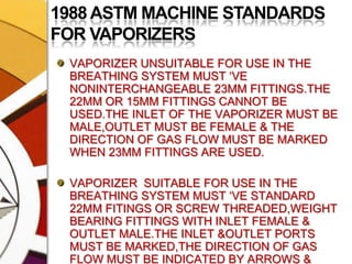 1988 ASTM MACHINE STANDARDS FOR VAPORIZERSVAPORIZER UNSUITABLE FOR USE IN THE BREATHING SYSTEM MUST ‘VE NONINTERCHANGEABLE 23MM FITTINGS.THE 22MM OR 15MM FITTINGS CANNOT BE USED.THE INLET OF THE VAPORIZER MUST BE MALE,OUTLET MUST BE FEMALE & THE DIRECTION OF GAS FLOW MUST BE MARKED WHEN 23MM FITTINGS ARE USED.VAPORIZER  SUITABLE FOR USE IN THE BREATHING SYSTEM MUST ‘VE STANDARD 22MM FITINGS OR SCREW THREADED,WEIGHT BEARING FITTINGS WITH INLET FEMALE & OUTLET MALE.THE INLET &OUTLET PORTS MUST BE MARKED,THE DIRECTION OF GAS FLOW MUST BE INDICATED BY ARROWS & VAPORIZER MUST BE MARKED “FOR USE IN BREATHING SYSTEM”.