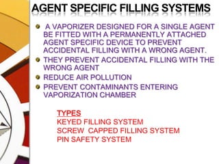 AGENT SPECIFIC FILLING SYSTEMS A VAPORIZER DESIGNED FOR A SINGLE AGENT BE FITTED WITH A PERMANENTLY ATTACHED AGENT SPECIFIC DEVICE TO PREVENT ACCIDENTAL FILLING WITH A WRONG AGENT. THEY PREVENT ACCIDENTAL FILLING WITH THE WRONG AGENTREDUCE AIR POLLUTIONPREVENT CONTAMINANTS ENTERING VAPORIZATION CHAMBERTYPES	KEYED FILLING SYSTEM	SCREW  CAPPED FILLING SYSTEM 	PIN SAFETY SYSTEM