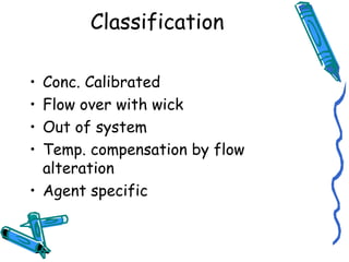 Classification
• Conc. Calibrated
• Flow over with wick
• Out of system
• Temp. compensation by flow
alteration
• Agent specific
 