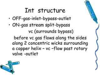 Int structure
• OFF-gas-inlet-bypass-outlet
• ON-gas stream split-bypass
vc (surrounds bypass)
before vc gas flows along the sides
along 2 concentric wicks surrounding
a copper helix – vc –flow past rotary
valve -outlet
 