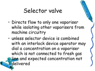 Selector valve
• Directs flow to only one vaporiser
while isolating other vaporisers from
machine circuitry
• unless selector device is combined
with an interlock device operator may
dial a concentration on a vaporiser
which is not connected to fresh gas
line and expected concentration not
delivered
 