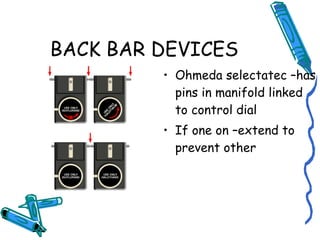 BACK BAR DEVICES
• Ohmeda selectatec –has
pins in manifold linked
to control dial
• If one on –extend to
prevent other
 