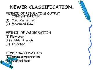 NEWER CLASSIFICATION.
METHOD OF REGULATING OUTPUT
CONCENTRATION
(1) Conc. Calibrated
(2) Measured flow
METHOD OF VAPORISATION
(1) Flow over
(2) Bubble through
(3) Injection
TEMP. COMPENSATION
(1)Thermocompensation
(2) Supplied heat
 