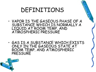 DEFINITIONS
• VAPOR IS THE GASEOUS PHASE OF A
SUBSTANCE WHICH IS NORMALLY A
LIQUID AT ROOM TEMP. AND
ATMOSPHERIC PRESSURE
• GAS IS A SUBSTANCE WHICH EXISTS
ONLY IN THE GASEOUS STATE AT
ROOM TEMP. AND ATMOSPHERIC
PRESSURE
 