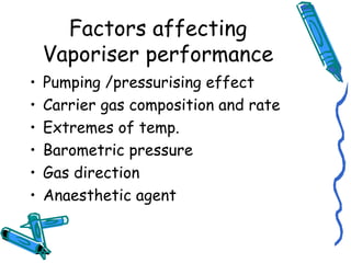 Factors affecting
Vaporiser performance
• Pumping /pressurising effect
• Carrier gas composition and rate
• Extremes of temp.
• Barometric pressure
• Gas direction
• Anaesthetic agent
 