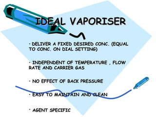 IDEAL VAPORISERIDEAL VAPORISER
• DELIVER A FIXED DESIRED CONC. (EQUALDELIVER A FIXED DESIRED CONC. (EQUAL
TO CONC. ON DIAL SETTING)TO CONC. ON DIAL SETTING)
• INDEPENDENT OF TEMPERATURE , FLOWINDEPENDENT OF TEMPERATURE , FLOW
RATE AND CARRIER GASRATE AND CARRIER GAS
• NO EFFECT OF BACK PRESSURENO EFFECT OF BACK PRESSURE
• EASY TO MAINTAIN AND CLEANEASY TO MAINTAIN AND CLEAN
• AGENT SPECIFICAGENT SPECIFIC
 