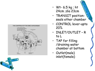 • Wt- 6.5 kg ; ht
24cm ;dia 23cm
• TRANSIT position-
seals ether chamber
• CONTROL lever-upto
20%
• INLET/OUTLET – R
to L
• TAP for filling
/draining water
chamber at bottom
• Outlet(male)
inlet(female)
 