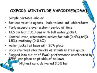 OXFORD MINIATURE VAPORISER(OMV)
• Simple portable inhaler
• for less volatile agents - halo,trilene, mf, chloroform
• Farly accurate over a short period of time
• 13.5 cm high,1060 gms with full water jacket.
• Control lever, alternative scales for halo(0-4%),tri(0-
1.5%), methoxy (0-0.6%)
• water jacket at base with 25% glycol
• Body stainless steel/wicks of stainless steel gauze
• Plugged into outlet of EMO-performance unaffected by
IPPV- can place on pt side of bellows
• Highest conc delivered 3.5% hal
 