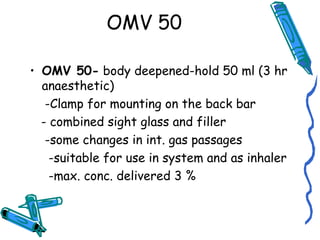 OMV 50
• OMV 50- body deepened-hold 50 ml (3 hr
anaesthetic)
-Clamp for mounting on the back bar
- combined sight glass and filler
-some changes in int. gas passages
-suitable for use in system and as inhaler
-max. conc. delivered 3 %
 