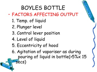 BOYLES BOTTLE
• FACTORS AFFECTING OUTPUT
1. Temp. of liquid
2. Plunger level
3. Control lever position
4. Level of liquid
5. Eccentricity of hood
6. Agitation of vaporiser as during
pouring of liquid in bottle(>5%x 15
secs)
 