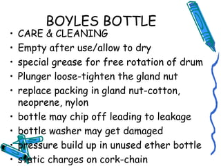 BOYLES BOTTLE
• CARE & CLEANING
• Empty after use/allow to dry
• special grease for free rotation of drum
• Plunger loose-tighten the gland nut
• replace packing in gland nut-cotton,
neoprene, nylon
• bottle may chip off leading to leakage
• bottle washer may get damaged
• pressure build up in unused ether bottle
• static charges on cork-chain
 