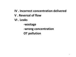 30
IV . Incorrect concentration delivered
V . Reversal of flow
VI . Leaks
-wastage
-wrong concentration
OT pollution
 