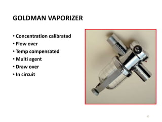 GOLDMAN VAPORIZER
• Concentration calibrated
• Flow over
• Temp compensated
• Multi agent
• Draw over
• In circuit
43
 