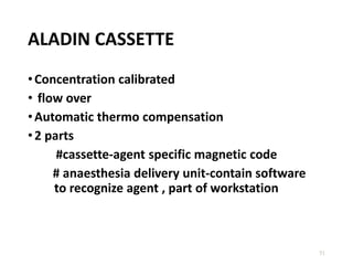ALADIN CASSETTE
•Concentration calibrated
• flow over
•Automatic thermo compensation
•2 parts
#cassette-agent specific magnetic code
# anaesthesia delivery unit-contain software
to recognize agent , part of workstation
51
 