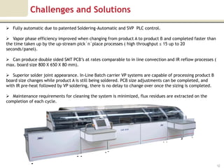 Challenges and Solutions
 Fully automatic due to patented Soldering-Automatic and SVP PLC control.

 Vapor phase efficiency improved when changing from product A to product B and completed faster than
the time taken up by the up-stream pick`n`place processes ( high throughput ≤ 15 up to 20
seconds/panel).

 Can produce double sided SMT PCB’s at rates comparable to in line convection and IR reflow processes (
max. board size 800 X 650 X 80 mm).

 Superior solder joint appearance. In-Line Batch carrier VP systems are capable of processing product B
board size changes while product A is still being soldered. PCB size adjustments can be completed, and
with IR pre-heat followed by VP soldering, there is no delay to change over once the sizing is completed.

 Maintenance requirements for cleaning the system is minimized, flux residues are extracted on the
completion of each cycle.




                                                                                                            12
 