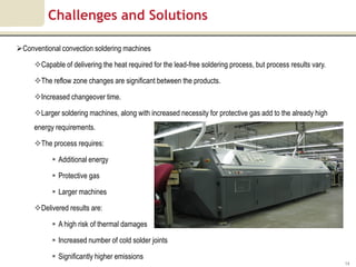 Challenges and Solutions

Conventional convection soldering machines

     Capable of delivering the heat required for the lead-free soldering process, but process results vary.

     The reflow zone changes are significant between the products.

     Increased changeover time.

     Larger soldering machines, along with increased necessity for protective gas add to the already high
     energy requirements.

     The process requires:

            Additional energy

            Protective gas

            Larger machines

     Delivered results are:

            A high risk of thermal damages

            Increased number of cold solder joints

            Significantly higher emissions
                                                                                                               14
 