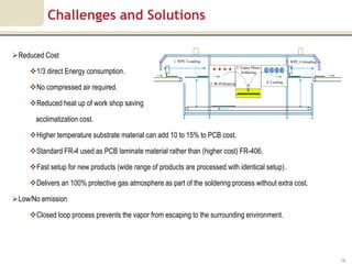 Challenges and Solutions

Reduced Cost
                                                      1. WPC-Loading                                                    5. WPC-Unloading
                                                                                          3. Vapor Phase
     1/3 direct Energy consumption.                                                         Soldering

                                                                       2. IR-Preheating                    4. Cooling
     No compressed air required.

     Reduced heat up of work shop saving

       acclimatization cost.

     Higher temperature substrate material can add 10 to 15% to PCB cost.

     Standard FR-4 used as PCB laminate material rather than (higher cost) FR-406.

     Fast setup for new products (wide range of products are processed with identical setup).

     Delivers an 100% protective gas atmosphere as part of the soldering process without extra cost.

Low/No emission

     Closed loop process prevents the vapor from escaping to the surrounding environment.




                                                                                                                                           16
 