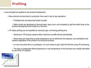 Profiling

 Lean principals are applied to new product development.

       New products are launched on production lines used in day to day operations.

               Prototype lines are becoming harder to justify.

             Matrix charts are developed on thermal mass, layer count, and complexity to get the profile close so the
            process development time is kept to a minimum.

       VP reflow profiling can be classified by chemistry type, minimizing profiling time.

               Advances in VP process systems allow machines to profile almost automatically.

             Ramp rates and soak times at peak temperature can be defined by the engineer, and controlled by the
            systems regardless of the product mix during the process.

               In a true one piece flow on a prototype, it is much easier to get it right the first time using VP processing.

             The days of inadequate reflow temperature or over temperature on the first piece are virtually eliminated
            by use of the VP systems.




                                                                                                                            25
 