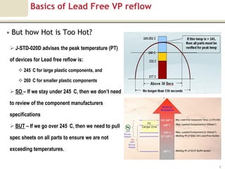 Basics of Lead Free VP reflow

• But how Hot is Too Hot?

  J-STD-020D advises the peak temperature (PT)

 of devices for Lead free reflow is:
      245 C for large plastic components, and

      260 C for smaller plastic components

  SO – If we stay under 245 C, then we don’t need

 to review of the component manufacturers

 specifications

  BUT – If we go over 245 C, then we need to pull

 spec sheets on all parts to ensure we are not

 exceeding temperatures.


                                                     4
 