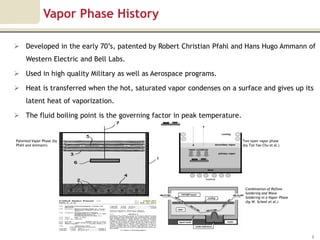 Vapor Phase History

 Developed in the early 70’s, patented by Robert Christian Pfahl and Hans Hugo Ammann of
     Western Electric and Bell Labs.

 Used in high quality Military as well as Aerospace programs.

 Heat is transferred when the hot, saturated vapor condenses on a surface and gives up its
     latent heat of vaporization.

 The fluid boiling point is the governing factor in peak temperature.


Patented Vapor Phase (by                                                 Two layer vapor phase
Pfahl and Ammann)                                                        (by Tze Yao Chu et al.)




                                                                          Combination of Reflow
                                                                          Soldering and Wave
                                                                          Soldering in a Vapor Phase
                                                                          (by W. Scheel et al.)




                                                                                                       6
 